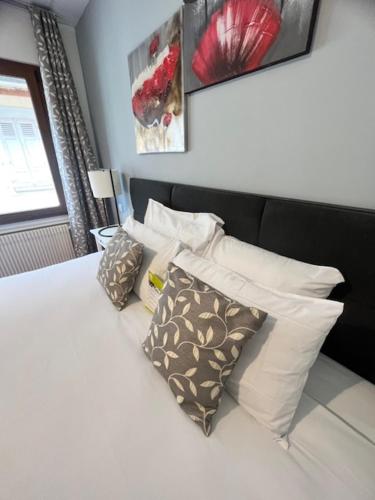 una camera con letto bianco e cuscini di Le Divona a Divonne-les-Bains