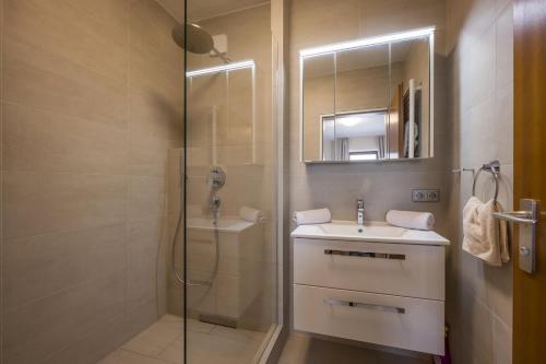 W łazience znajduje się prysznic, umywalka i lustro. w obiekcie Bergschlössl - Eckwohnung 24 w mieście Oberaudorf