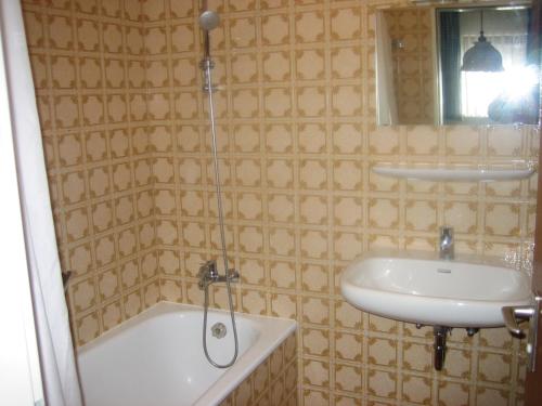 a bathroom with a shower and a sink and a tub at Bergschlössl Whg 3 in Oberaudorf