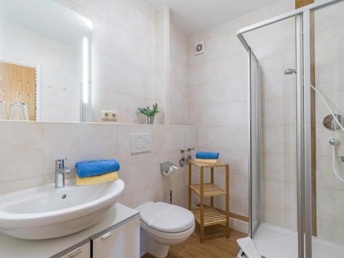 een badkamer met een wastafel en een douche bij Ferienwohnanlage Oberaudorf E5 mit Hallenbad und Sauna in Oberaudorf