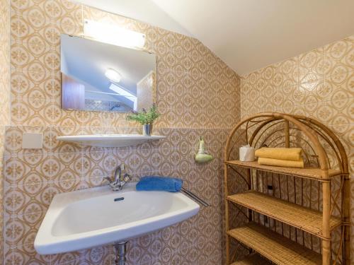 La salle de bains est pourvue d'un lavabo et d'un miroir. dans l'établissement Ferienwohnanlage-Oberaudorf 1 Zimmer App E 8 mit Hallenbad und Sauna, à Oberaudorf