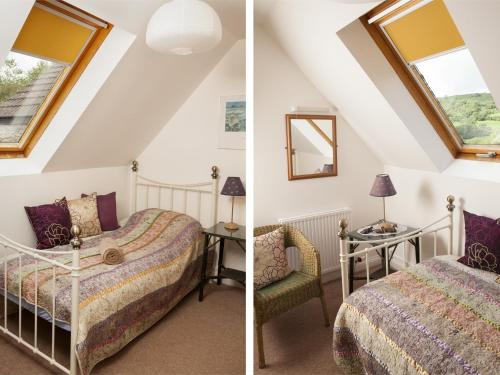 two pictures of a bedroom with a bed and a chair at 2 Bed in Battle BN077 in Llandefaelogfâch