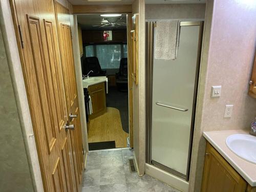 a bathroom with a shower and a sink and a door at Betsie -35Ft RV Camper in Woods -Firepit & Hot Tub in Benzonia