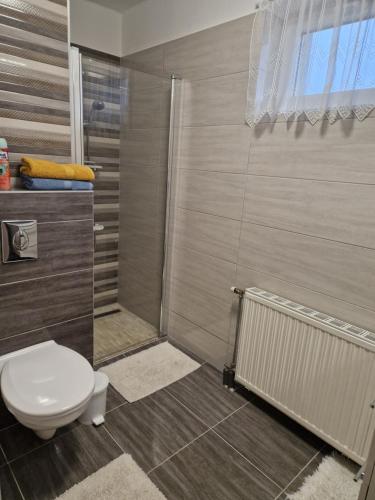 a bathroom with a toilet and a shower at Hajnalka vendégház in Bük