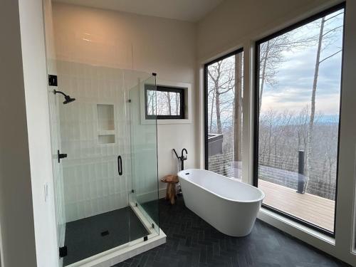 a bathroom with a large tub and a window at The Brevard Mountain Retreat New Construction with modern design, high-end furnishings & hot tub in Cedar Mountain