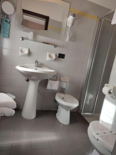 a white bathroom with a sink and a toilet at Albergo Al Cacciatore in Desenzano del Garda