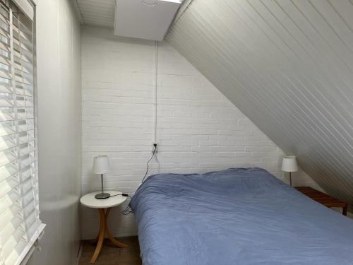 een slaapkamer met een blauw bed en een witte muur bij Vakantiehuis Buitenplaats Schouwen in Burgh Haamstede