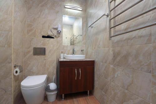 a bathroom with a toilet and a sink and a mirror at Apartment near Republic Square in Yerevan