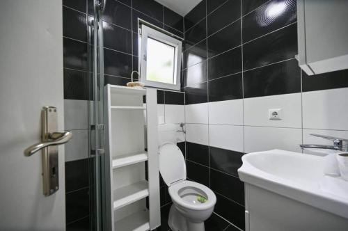 a black and white bathroom with a toilet and a sink at Villa maskara in Bihać