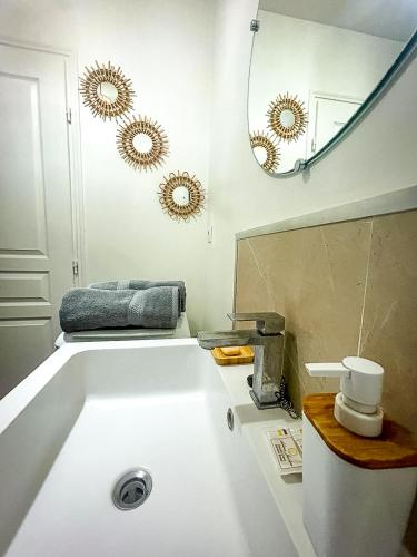 une salle de bain avec un lavabo blanc et un miroir dans l'établissement Cocon Versaillais, à Versailles