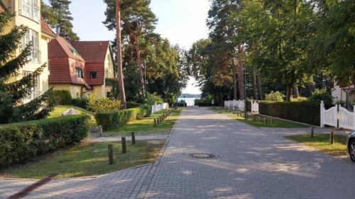 een lege straat met een huis en bomen bij Ferienwohnung für 3 Personen in Bad Saarow, Berlin - b43675 in Bad Saarow