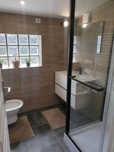 une salle de bain avec toilettes, lavabo et douche dans l'établissement L'appel de la forêt, à Quincy-sous-Sénart