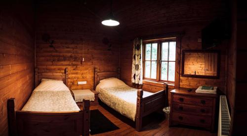 a bedroom with two beds in a log cabin at Bothy Cabin -Log cabin in wales - with hot tub in Newtown