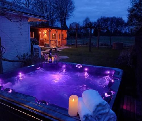 bañera de hidromasaje con luces en el patio trasero por la noche en "Huisje op de Veluwe" met privé Jacuzzi en Bar! en Ermelo