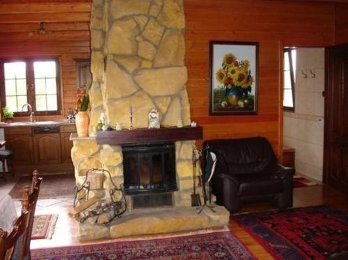 ein Wohnzimmer mit einem Steinkamin in einem Haus in der Unterkunft Ferienhaus für Naturliebhaber 