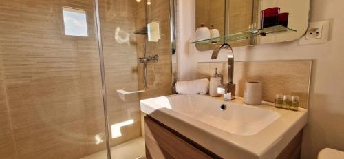 une salle de bain avec un lavabo et une douche dans l'établissement Amazonia Rouen Centre by MyFrenchPAT, à Rouen