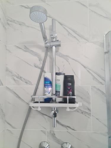 a shelf in a bathroom with toiletries on it at Detached Flat in Leeds, Free WIFI and parking, Pool table, 75 inch tv, Netflix, Disney plus in Moortown