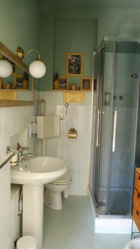 y baño con aseo, lavabo y ducha. en appartamento la Bastia fra il lago di Garda e Brescia città, en Nuvolento