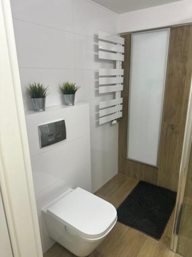 a white bathroom with a toilet and plants on the wall at Blisko Neptuna in Gdańsk