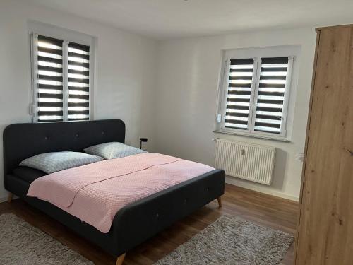 1 Schlafzimmer mit einem Bett mit einer rosa Decke und 2 Fenstern in der Unterkunft Stadtvilla in Hechingen in Hechingen