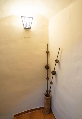 um quarto com duas plantas numa parede com uma luz em Apartamentos la Rambla Callizo em Montalbán