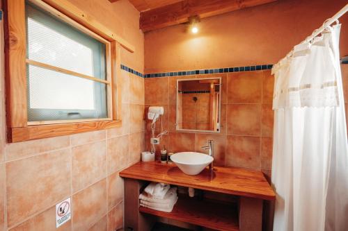 baño con lavabo y cortina de ducha en Terra Luna Atacama, en San Pedro de Atacama