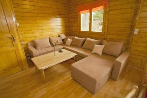 ein Wohnzimmer mit einem Sofa und einem Couchtisch in der Unterkunft Harzer Blockhaus III in Bad Sachsa