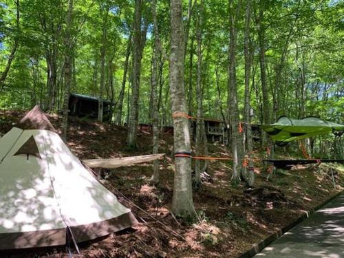 a tent in the woods next to a road at Yato Furusato Forest - Vacation STAY 21069v 