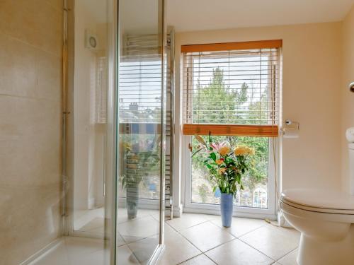 a bathroom with a toilet and a vase of flowers in a window at 3 Bed in Charmouth DC121 in Charmouth