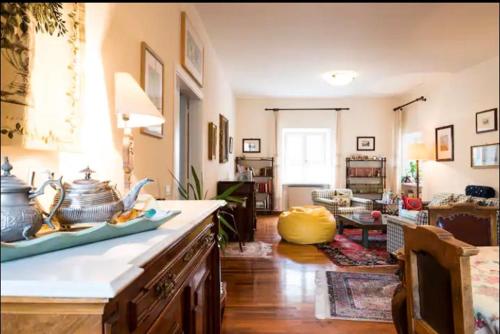 Cozy apartment in Palazzo Magnalbo' في ماشيراتا: غرفة معيشة مع مطبخ مع كونتر توب