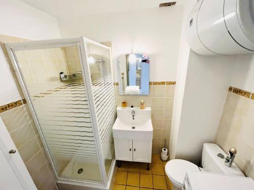 邦多勒Studio Cosy-Vue Mer Panoramique Exceptionnelle的带淋浴、水槽和马桶的浴室