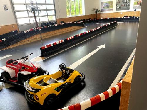 two race cars parked in a bowling alley at Casa Köstner in Sankt Englmar