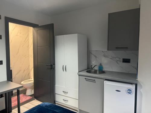 uma cozinha com armários brancos, um lavatório e um WC em P Williams Plumstead em Plumstead