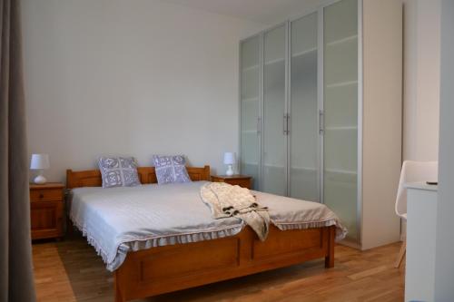 een slaapkamer met een bed en een grote kast bij Pod Ratuszem Apartment deLUX in Bielsko-Biala