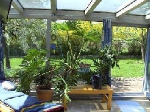 un patio con una mesa y algunas plantas. en Komfortables Ferienhaus mit eigener Sauna, en Gunzenhausen