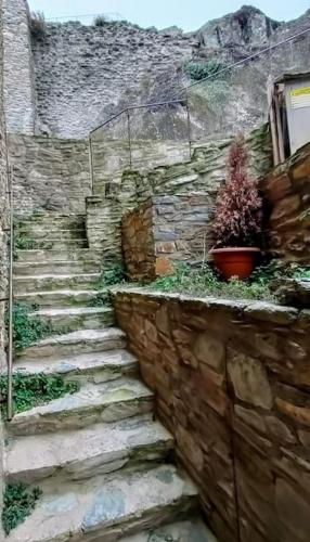 a set of stone stairs next to a stone wall at Cal cavalé in Vall de Castellbò