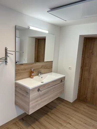 bagno con lavandino e specchio di Ferienhaus Höflein a Zweiersdorf