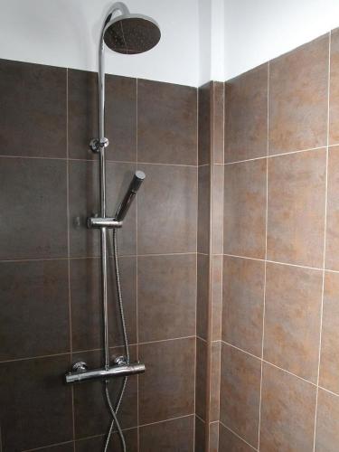a shower with a shower head in a bathroom at Finca "Ein Ferienhaus" in Bérchules