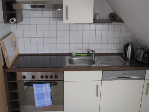 een kleine keuken met een wastafel en een fornuis bij Moderne Ferienwohnung mitten in der Greifswalder Innenstadt in Greifswald
