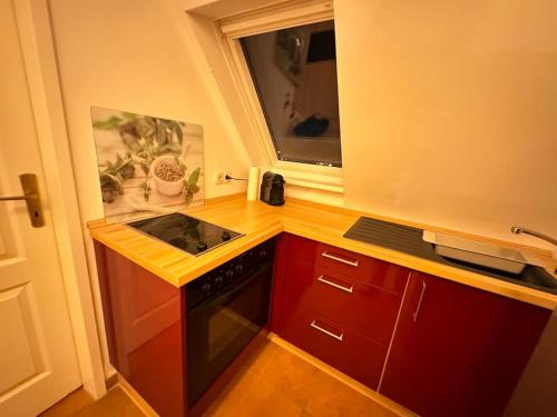 een kleine keuken met een fornuis en een wastafel bij Cozy Wohnung in Meerbusch in Meerbusch