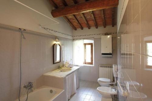 ein Badezimmer mit einer Badewanne, einem WC und einem Waschbecken in der Unterkunft Casa Fallocchio in San Casciano in Val di Pesa