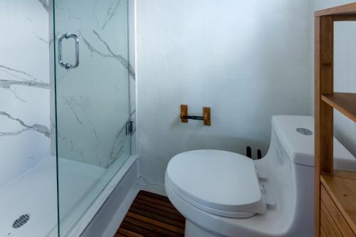 een witte badkamer met een toilet en een douche bij Tulixx Cayman Villa 