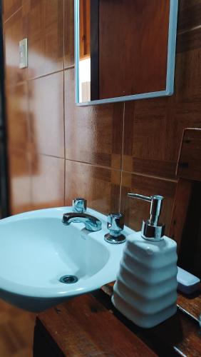 a bathroom with a white sink and a mirror at Dunas Doradas II in Tinogasta