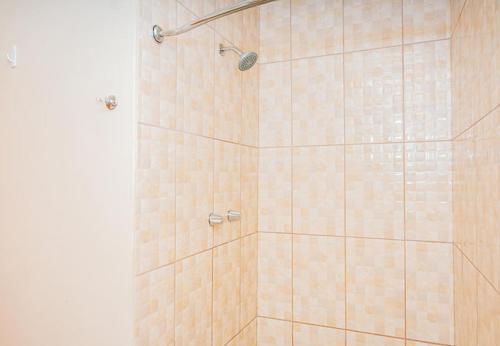 a bathroom with a shower with a tiled shower at Ruby's Place in Cassada Gardens