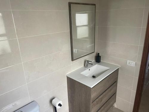 a bathroom with a sink and a mirror and a toilet at Apartamento Tabaiba in Tamaduste