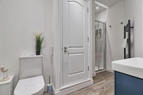 ウォルトン・オン・ザ・ネーズにあるCoastal Nest - Premium flat,3 Minutes to the Beachのトイレとシャワー付きの白いバスルーム