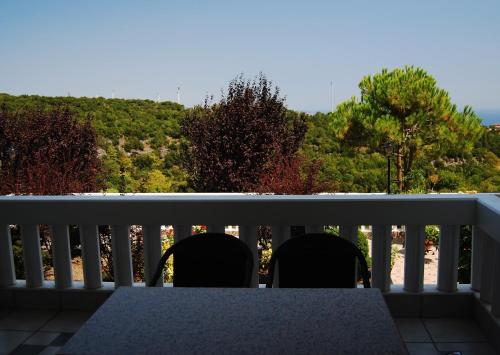 a table and chairs on a balcony with trees at Villa Pantheon in Litochoro