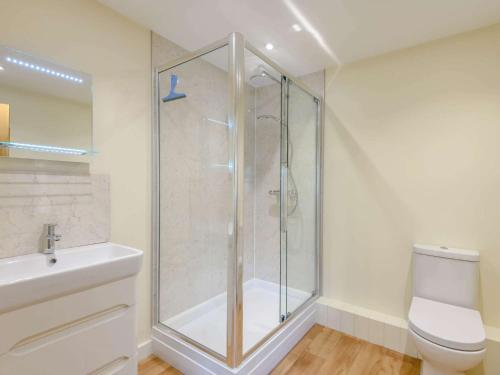 a bathroom with a shower and a toilet and a sink at 3 Bed in Blandford Forum 83014 in Woolland
