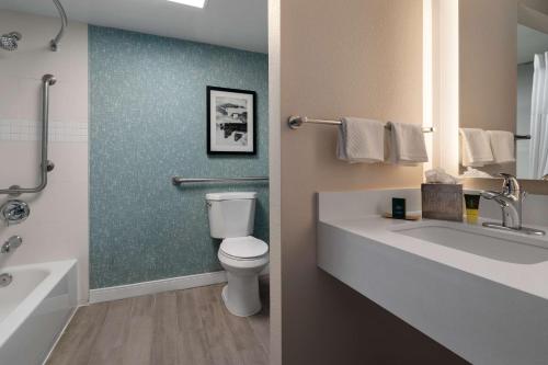 a bathroom with a toilet and a sink and a tub at DoubleTree by Hilton Norfolk Airport in Norfolk