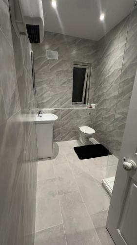 La salle de bains est pourvue d'un lavabo et de toilettes. dans l'établissement Triple Room Clontarf House-2, à Dublin